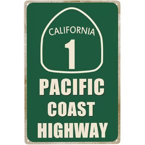 Vintage Tin Signs Pacific Coast Highway California Decor Street Road Metal Sign Decorative For Man Cave Bar Garage 12x8 Inches (Multi)