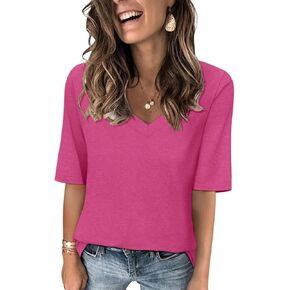 Women's V Neck T Shirts Half Sleeve Tops Casual Solid Summer Tees