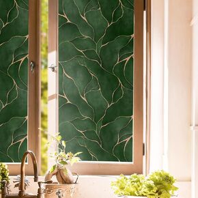 Dark Jade Green Golden Fluid Mosaic Window Films Decorative Double-Side Privacy Film Self-Adhesive Static Glass Window Clings Stickers for Living Room Bathroom Glass Windows Decor