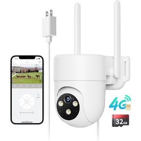 LIWAN 4G LTE Wired Cellular Security Camera Outdoor, No WiFi Needed, 24/7 Recording, 360° View, 2K Color Night Vision, Motion Tracking, 2-Way Talk, Built-in SIM Card and 32G Memory Card