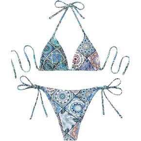 Milumia Women's 2 Piece Allover Print Halter Triangle Bikini Set Backless Tie Side Swimsuit