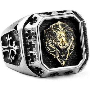 Lion Ring, Cross Lion Animal Ring for Men, Norse Viking Lion Head Ring Lion Jewelry, Stainless Steel Celtic Lion Ring Hip Hop Lion Band Ring Punk Cross Lion Ring for mens