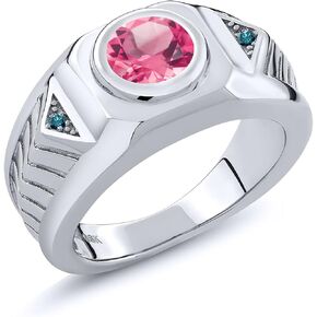 Gem Stone King 2.03 Ct Round Pink Mystic Topaz Blue Diamond 925 Sterling Silver Men's Ring