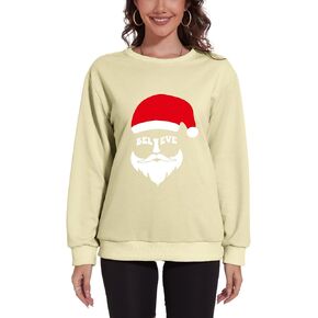 Womens Believe Christmas Sweatshirt Xmas Hat Holiday Sweatshirt Funny Graphic Crewneck Pullover Long Sleeve