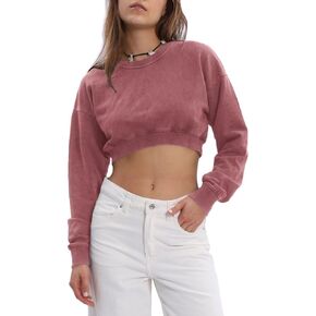 Amazhiyu Women's Acid Wash High Cropped Crewneck Sweatshirts Pullover Crop Tops