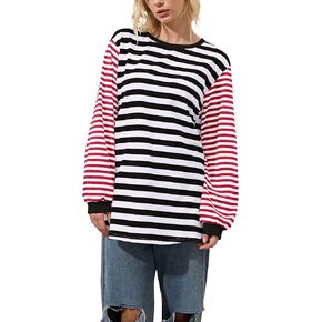 MISSACTIVER Women Oversized Striped Long Sleeve Sweatshirts Color Block Round Neck Pullover Shirt Casual Slit Side Tunic Tops