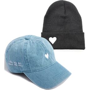 Dad Hat for Women (Heart Denim) and Cuffed Beanie for Women (Heart Dark Gray) - Unisex Fit, One Size