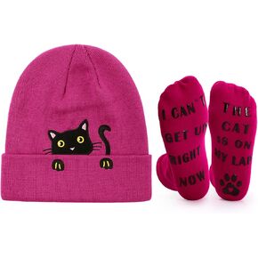 Women's Cat Beanie Knitted Winter Hat for Women Girls with Novelty Socks Cute Cat Lover Gifts Funny Cat Mom Gifts