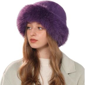 ZGMYC Faux Fur Trimmed Beanie Hats for Women Girls Russian Style Furry Winter Bucket Hats Warm Ski Snow Hat