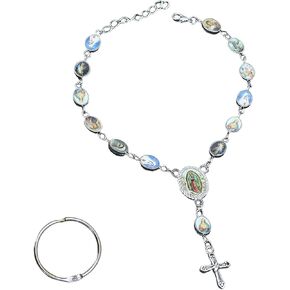 Car Rosary for Rearview Mirror, Evil Eye Pendant Car Interior Rear View Mirror Charm Auto Decors, Car Medal and Cross Personalized Hanging Accessories for Women Men (Golden-B)