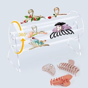 Claw Clip Organizer Holder for Girls and Women, 360-Degree Rotating Claw Clip Storage with Side and Bottom Hair Accessory Storage Rods Acrylic Clear Hair Clip Organizer Headband Display Stand
