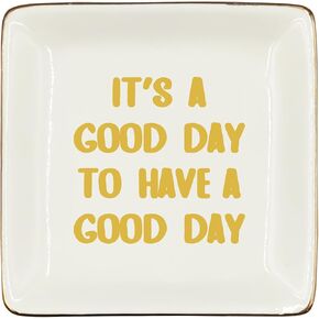 WODMIS Inspirational Good Day Ceramic Jewelry Tray Dish, Positive Growth Mindset Jewelry Plate Ring Trinket Dish, Motivational Gifts for Friend Sister Boss Lady, Cheerful Gifts for Women 422
