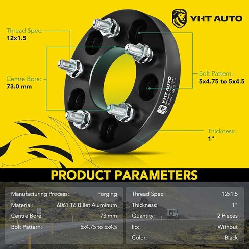 YHTAUTO 5x4.75 to 5x4.5 Wheel Adapters 1 inch Compatible with Buick, Cadillac, Chevrolet, GMC, Pontiac Tire Spacers w/ M12x1.5 & 12.9 Grade Studs, 73 mm Center Bore 5 Lug 2PCS Black Wheel Spacers in Saudi Arabia