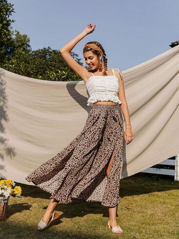 Simplee Women's Casual Split Wide Leg Pants High Waist Palazzo Flowy Beach Pants Summer Boho Lounge Pants with Pockets in Saudi Arabia