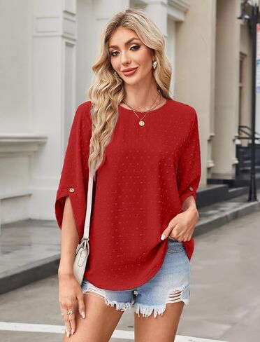 JUSTFASHIONNOW Womens Tops Dressy Casual 3/4 Sleeve Blouses Summer Tops 2025 Trendy Swiss Dots Shirts in Saudi Arabia