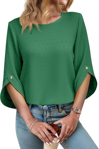 JUSTFASHIONNOW Womens Tops Dressy Casual 3/4 Sleeve Blouses Summer Tops 2025 Trendy Swiss Dots Shirts in Kuwait
