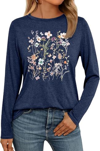 Women Flower Graphic Long Sleeve T Shirt Boho Floral Shirt Vintage Botanical Tee Wildflower Lover Tops in Kuwait
