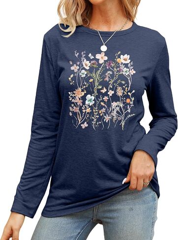 Women Flower Graphic Long Sleeve T Shirt Boho Floral Shirt Vintage Botanical Tee Wildflower Lover Tops in Kuwait
