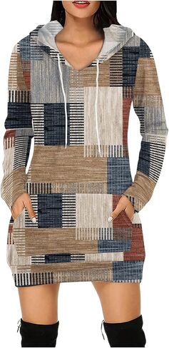 MakeMeChic Women's Plaid Patchwork Print Hoodies Top Long Sleeve Drawstring Sweatshirts in Saudi Arabia