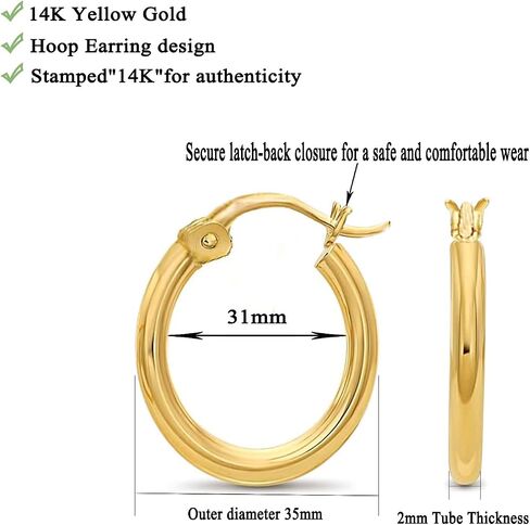 Solid 14k Yellow Gold 2mm Classic Shiny Polished Hoop Earrings for Women in Kuwait