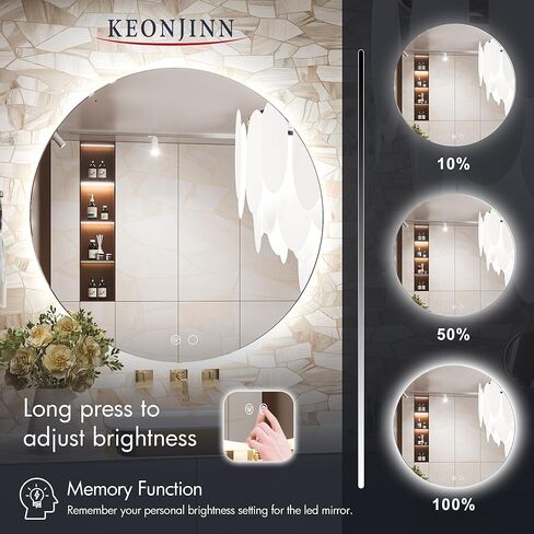 Keonjinn مرآة LED مستديرة 32 بوصة مرآة بإضاءة خلفية مرآة الحمام الغرور مع أضواء دائرة مضادة للضباب مرآة مضاءة كبيرة مرآة حمام مستديرة مثبتة على الحائط مرآة مكياج مضيئة خافتة للضوء، CRI 90+ in Kuwait