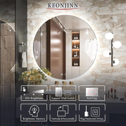 Keonjinn مرآة LED مستديرة 32 بوصة مرآة بإضاءة خلفية مرآة الحمام الغرور مع أضواء دائرة مضادة للضباب مرآة مضاءة كبيرة مرآة حمام مستديرة مثبتة على الحائط مرآة مكياج مضيئة خافتة للضوء، CRI 90+ in Kuwait