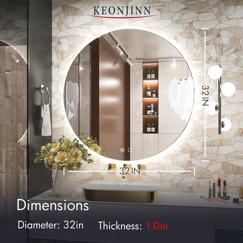 Keonjinn مرآة LED مستديرة 32 بوصة مرآة بإضاءة خلفية مرآة الحمام الغرور مع أضواء دائرة مضادة للضباب مرآة مضاءة كبيرة مرآة حمام مستديرة مثبتة على الحائط مرآة مكياج مضيئة خافتة للضوء، CRI 90+ in Kuwait
