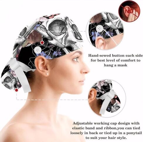 Adjustable Winter Blue Snowflake Surgical Scrub Cap with Button, Ponytail Pouch, Sweatband for Women with Bow Hair Scrunchy in Saudi Arabia