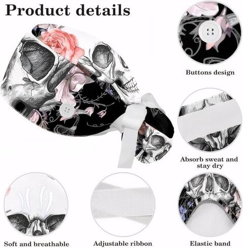 Adjustable Winter Blue Snowflake Surgical Scrub Cap with Button, Ponytail Pouch, Sweatband for Women with Bow Hair Scrunchy in Saudi Arabia