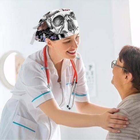 Adjustable Winter Blue Snowflake Surgical Scrub Cap with Button, Ponytail Pouch, Sweatband for Women with Bow Hair Scrunchy in Saudi Arabia