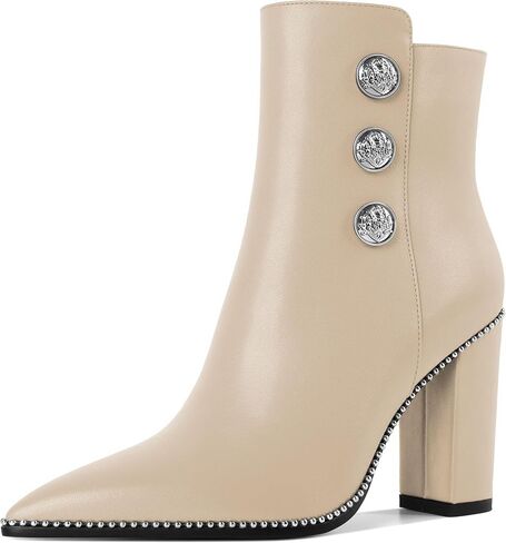 Joseywade Womens Ankle Booties 3.7 Inch Heel Chunky Boots Buttons Beaded Pointed Toe Side Zipper Boots Size 5-13 in Kuwait