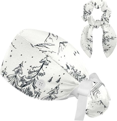 Adjustable Winter Blue Snowflake Surgical Scrub Cap with Button, Ponytail Pouch, Sweatband for Women with Bow Hair Scrunchy in Saudi Arabia