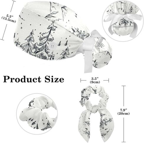 Adjustable Winter Blue Snowflake Surgical Scrub Cap with Button, Ponytail Pouch, Sweatband for Women with Bow Hair Scrunchy in Saudi Arabia