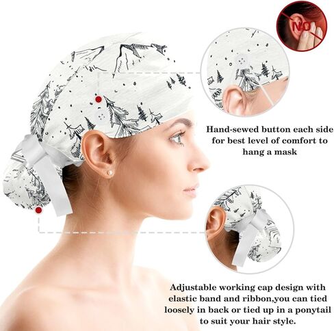 Adjustable Winter Blue Snowflake Surgical Scrub Cap with Button, Ponytail Pouch, Sweatband for Women with Bow Hair Scrunchy in Saudi Arabia