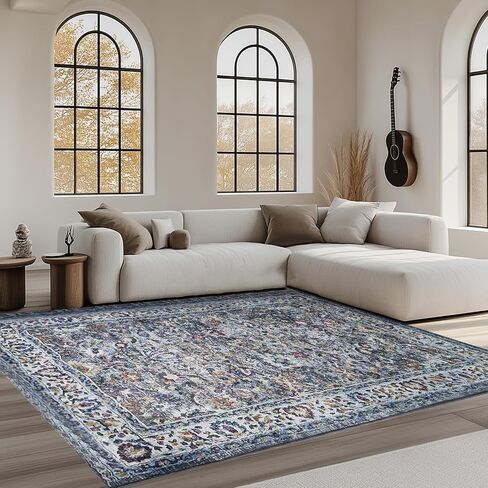 Area Rugs 5x7, Ruys for Living Room, Washable Rug Non Slip Repellent Floor Carpet, Low Pile Soft Vintage Rug for Bedroom Kitchen Bathroom Living Room Home Office, Blue-Black in Saudi Arabia