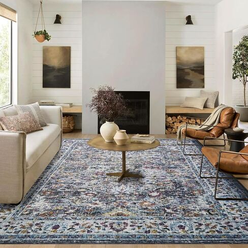 Area Rugs 5x7, Ruys for Living Room, Washable Rug Non Slip Repellent Floor Carpet, Low Pile Soft Vintage Rug for Bedroom Kitchen Bathroom Living Room Home Office, Blue-Black in Saudi Arabia