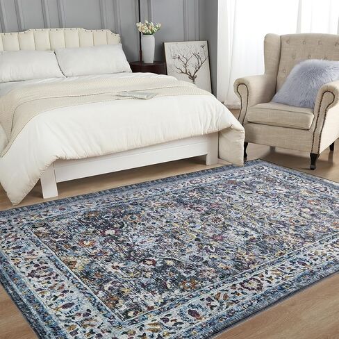 Area Rugs 5x7, Ruys for Living Room, Washable Rug Non Slip Repellent Floor Carpet, Low Pile Soft Vintage Rug for Bedroom Kitchen Bathroom Living Room Home Office, Blue-Black in Saudi Arabia