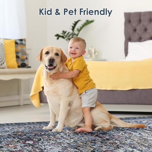 Area Rugs 5x7, Ruys for Living Room, Washable Rug Non Slip Repellent Floor Carpet, Low Pile Soft Vintage Rug for Bedroom Kitchen Bathroom Living Room Home Office, Blue-Black in Saudi Arabia