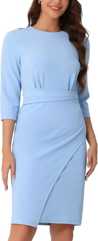 Allegra K 3/4 Sleeve Bodycon Pencil Dress for Women's Round Neck Wrap Wear to Work Church Midi Dress in Saudi Arabia