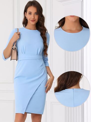 Allegra K 3/4 Sleeve Bodycon Pencil Dress for Women's Round Neck Wrap Wear to Work Church Midi Dress in Saudi Arabia