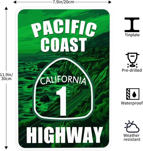 Vintage Tin Signs Pacific Coast Highway California Decor Street Road Metal Sign Decorative For Man Cave Bar Garage 12x8 Inches (Multi) in Saudi Arabia