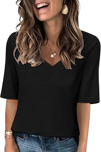 Women's V Neck T Shirts Half Sleeve Tops Casual Solid Summer Tees in Saudi Arabia