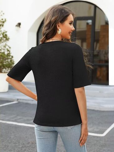 Women's V Neck T Shirts Half Sleeve Tops Casual Solid Summer Tees in Saudi Arabia