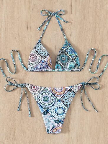 Milumia Women's 2 Piece Allover Print Halter Triangle Bikini Set Backless Tie Side Swimsuit in Saudi Arabia