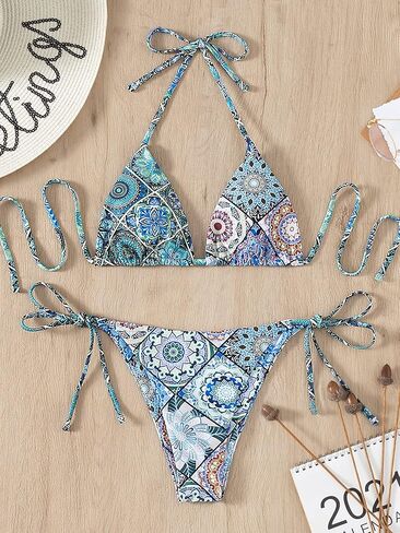 Milumia Women's 2 Piece Allover Print Halter Triangle Bikini Set Backless Tie Side Swimsuit in Saudi Arabia
