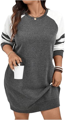 Women's Plus Size Color Block Striped Sweatshirt Dress Raglan Long Sleeve Loose Pullovers Fall Tops in Saudi Arabia