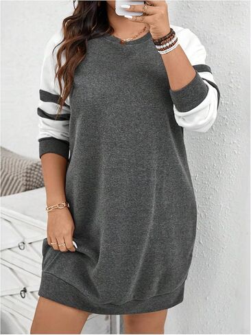 Women's Plus Size Color Block Striped Sweatshirt Dress Raglan Long Sleeve Loose Pullovers Fall Tops in Saudi Arabia