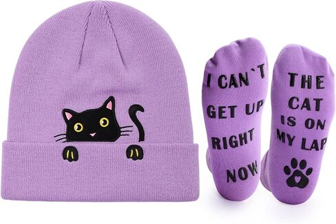 Women's Cat Beanie Knitted Winter Hat for Women Girls with Novelty Socks Cute Cat Lover Gifts Funny Cat Mom Gifts in Kuwait