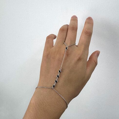 925 Sterling Silver Triple Solitaire Sapphire Blue CZ Finger Ring Bracelet Hand Chain September Birthstone Jewelry for Women, Slave Bracelets Adjustable in Kuwait