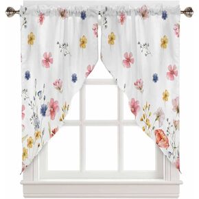 Swag Curtain Valances for Windwos Flower Kitchen Scalloped Valance/Swags Rod Pocket Window Curtain Spring Watercolor Flowers Leaves Valances for Living Room Bedroom, 28"x36"x2